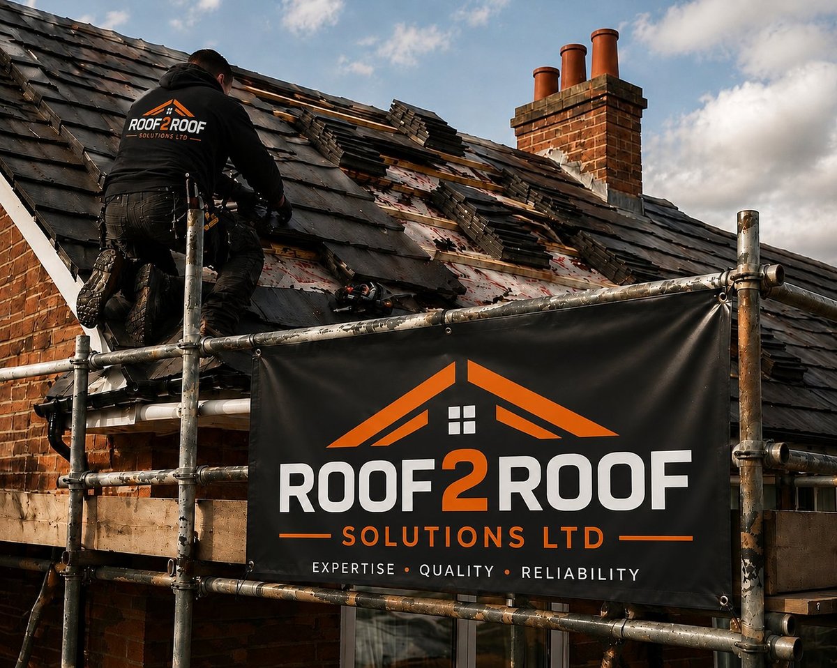 Roofer on scaffolding working on damaged roof tiles with Roof2Roof Solutions Ltd banner displaying company logo and tagline